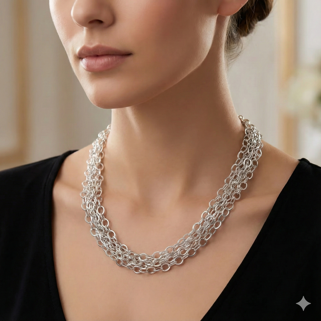 Mid-Century Modern Sterling Silver 10 Strand Chainmail Necklace