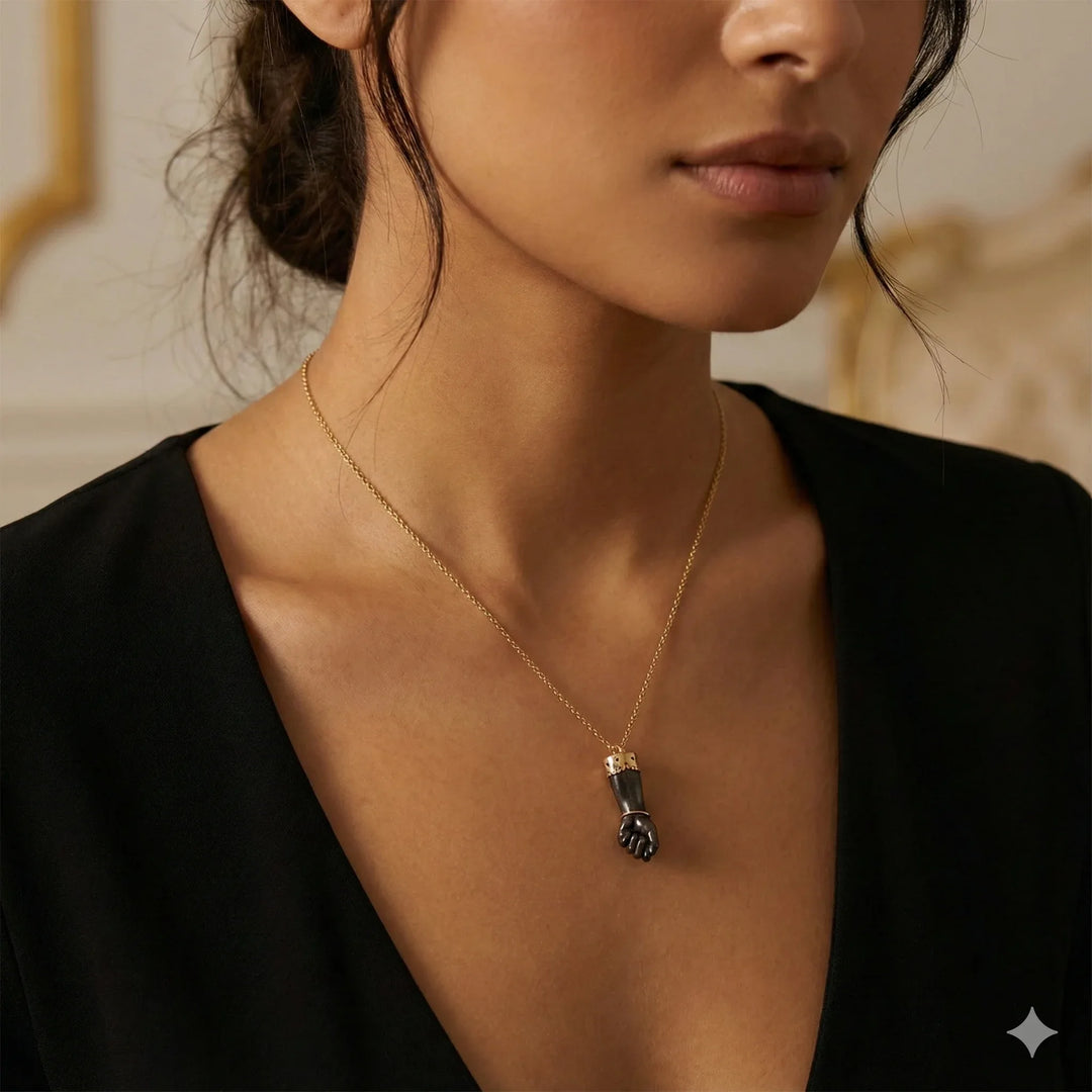 Gold & Carved Mahogany Clenched Fist Necklace - Estate Jewelry Priced Right