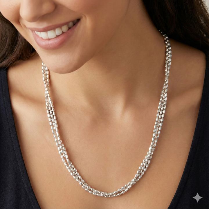 Triple Strand Rice Bead Sterling Silver Necklace