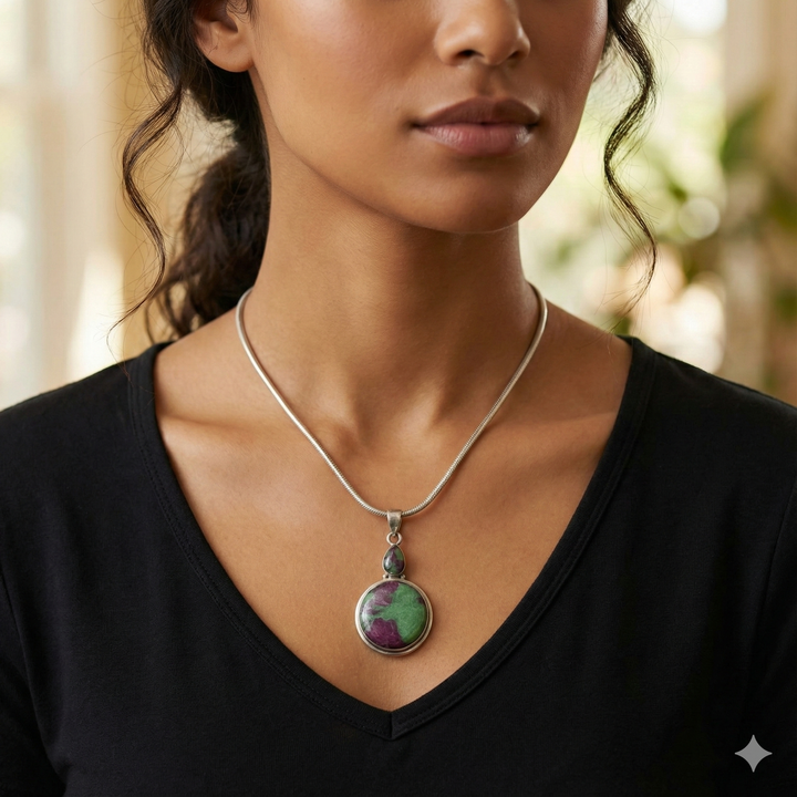 Sterling Silver Cabochon Ruby Zoisite Energy Necklace