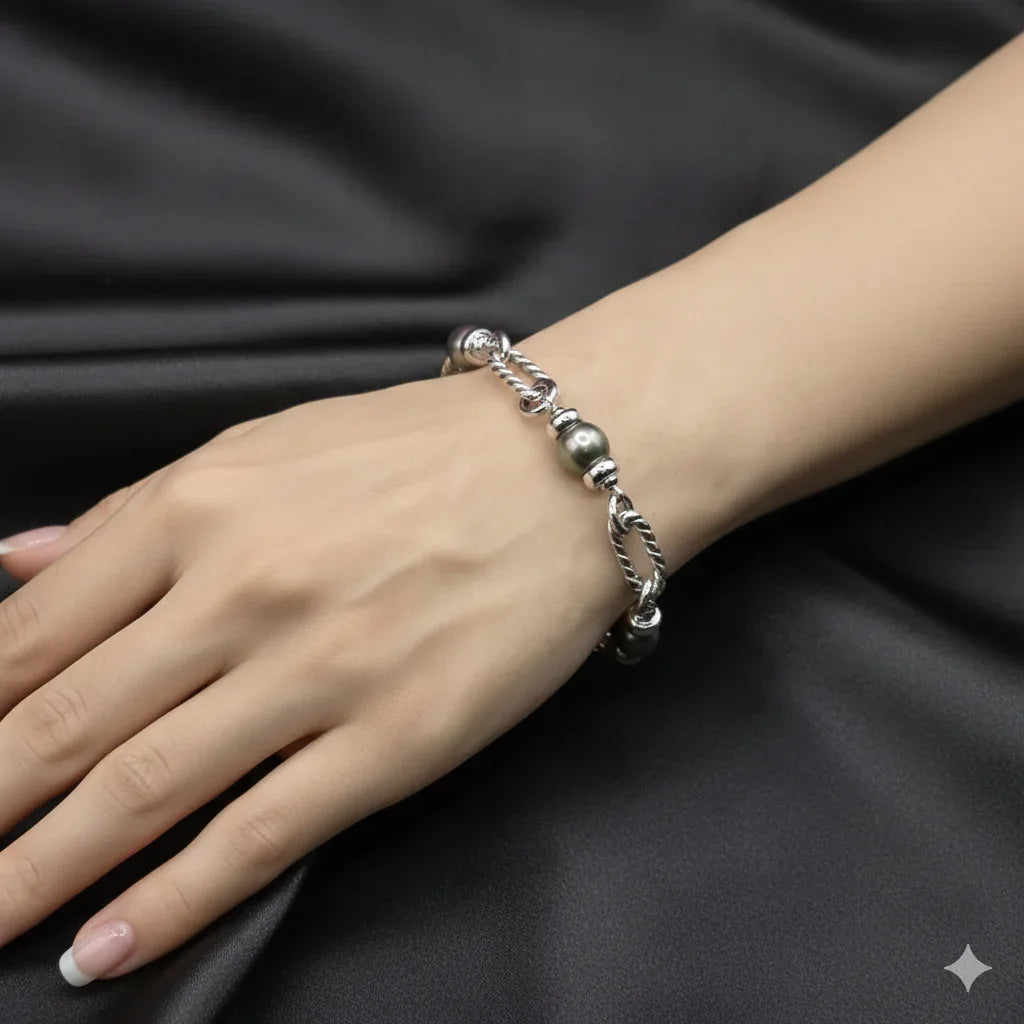 Gold & Gray Pearl Long Twist Link Bracelet - Estate Jewelry Priced Right