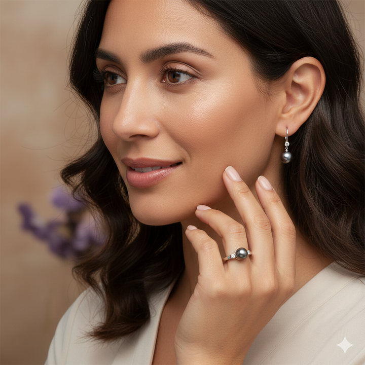 Gold, Grey Pearl & Diamond Earrings & Ring Set