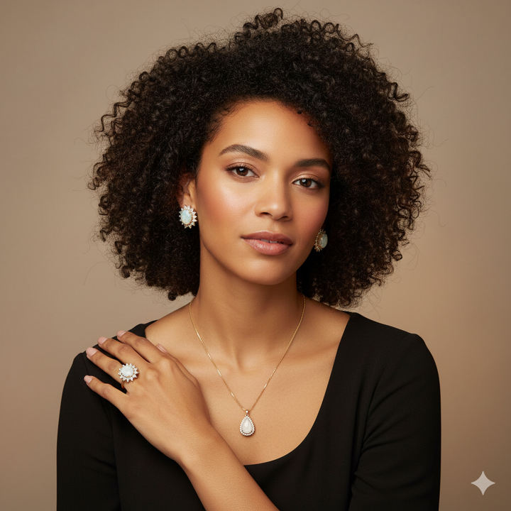 14K Gold, Diamond, Opal Ring, Earrings and Necklace Set