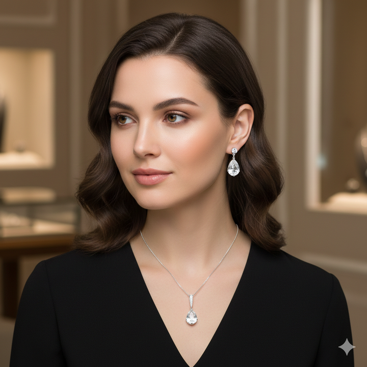 Silver, Clear Crystal Swarovski Necklace & Earrings Set