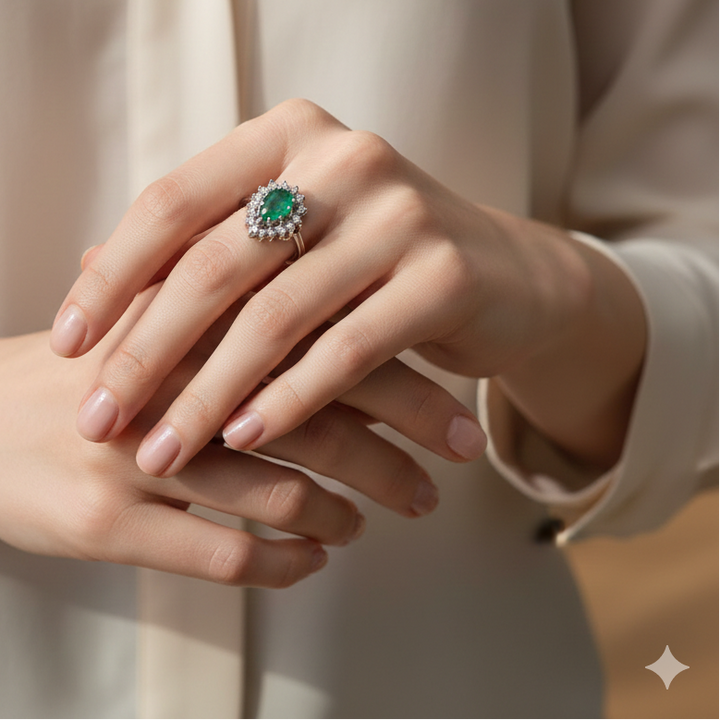 14K Gold, Diamond & Pear Cut Emerald Statement Ring