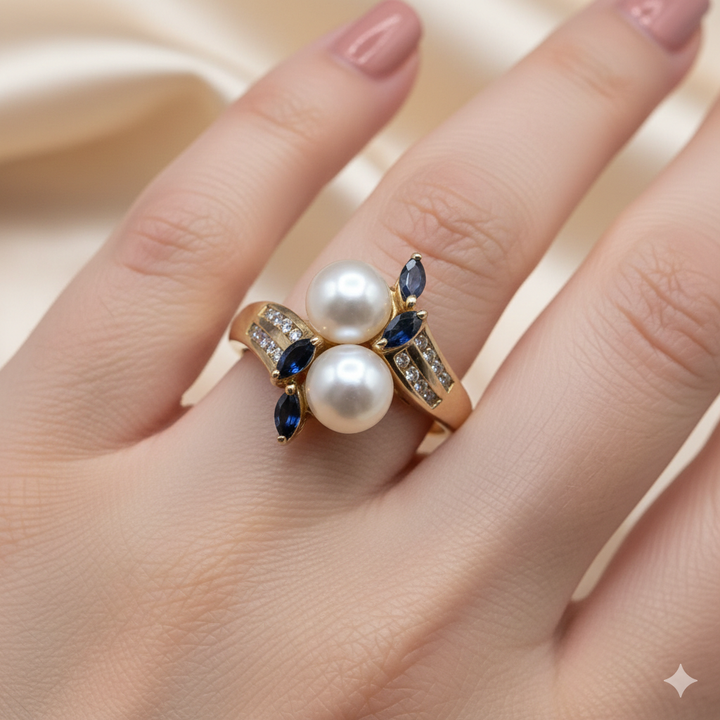 14K Gold, Sapphire, Pearl and Diamond Ring