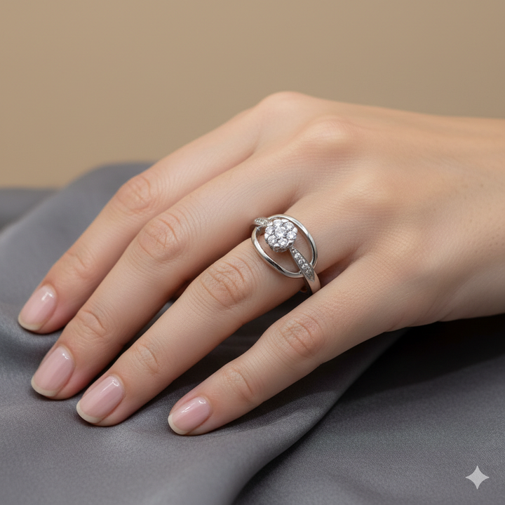 14k White Gold Diamond Cluster Offset Ring