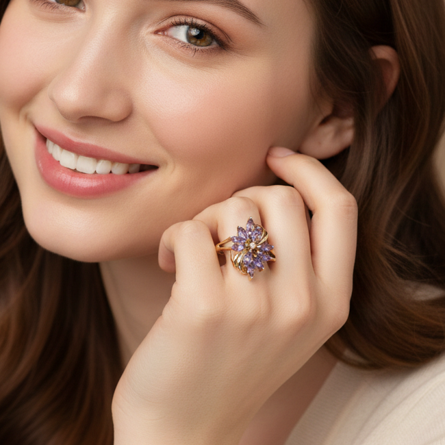 14K Gold, Diamond & Iolite Waterfall Floral Ring