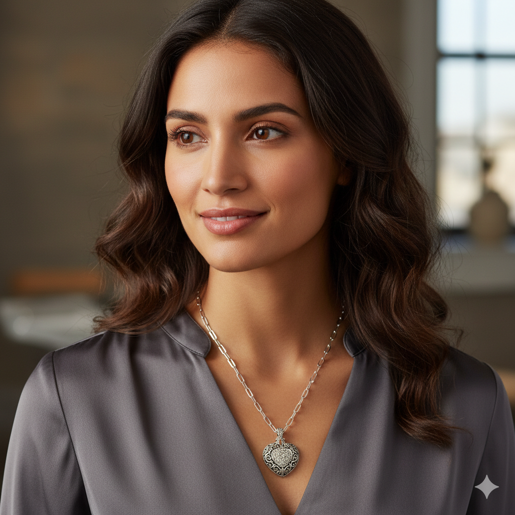 Sterling Silver Marcasite Filagree Heart Necklace