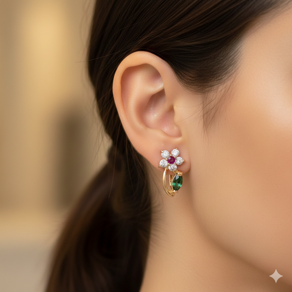 Gold, Ruby, Diamond & Emerald Raining Flower Earrings