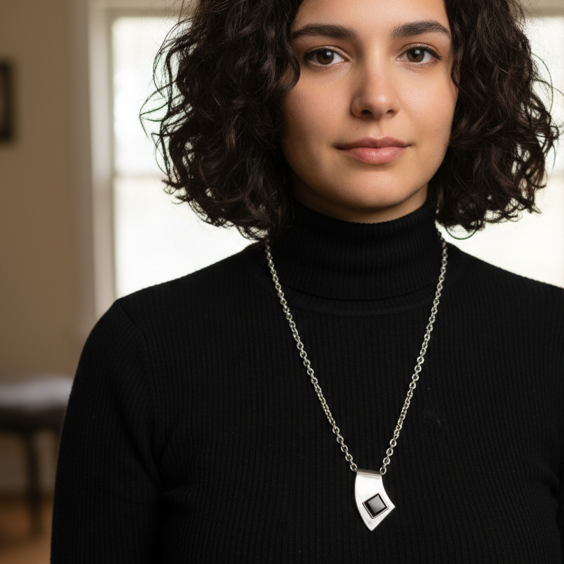 Sterling Silver & Abstract Onyx Pendant Necklace