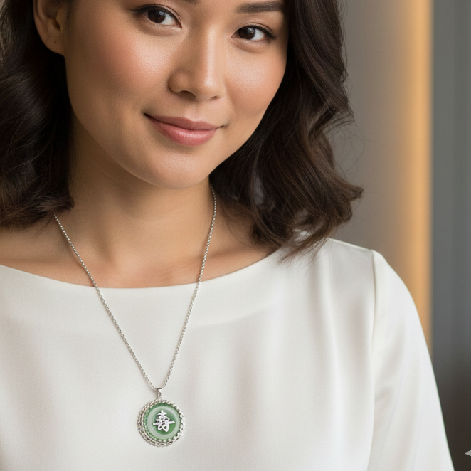Sterling Silver & Cabochon Jade Longevity Necklace