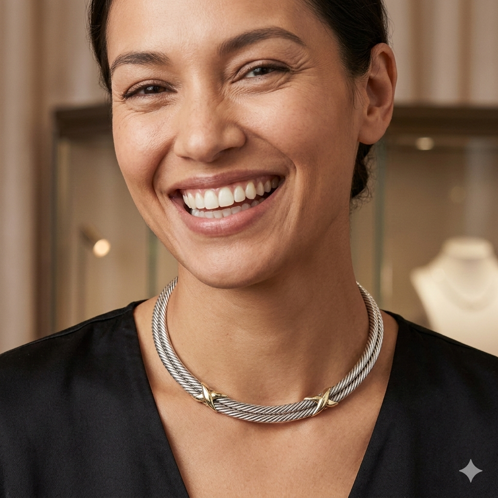 Authentic David Yurman Sterling Silver & 14K Gold Cable Collar