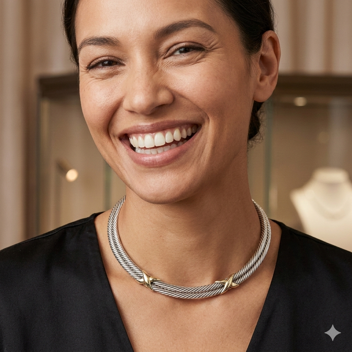 Authentic David Yurman Sterling Silver & 14K Gold Cable Collar