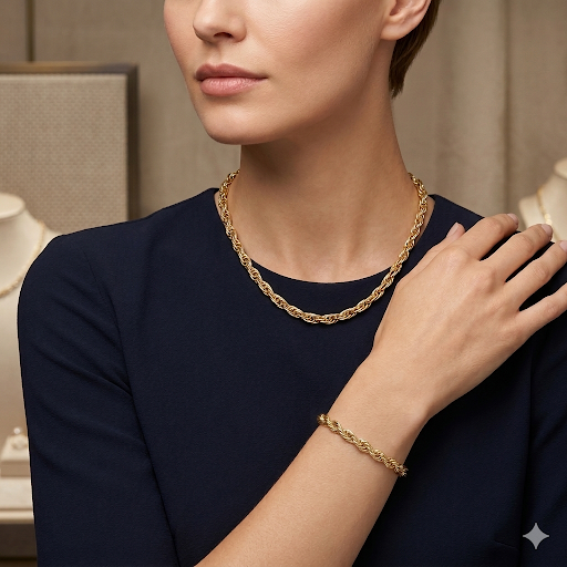 14K Gold Long Link Rope Bracelet & Necklace Set