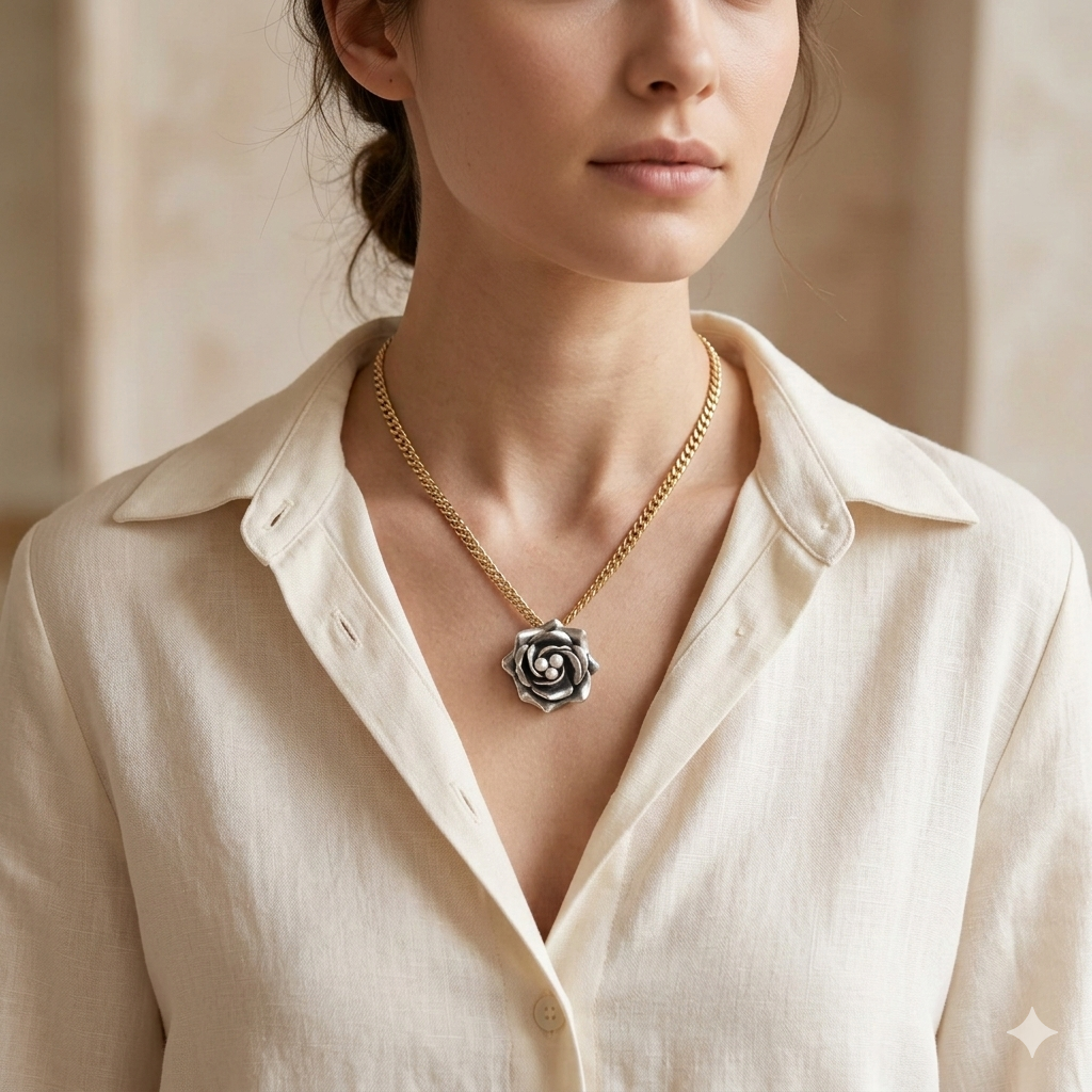 Sterling Silver 3D Mexican Rose Necklace