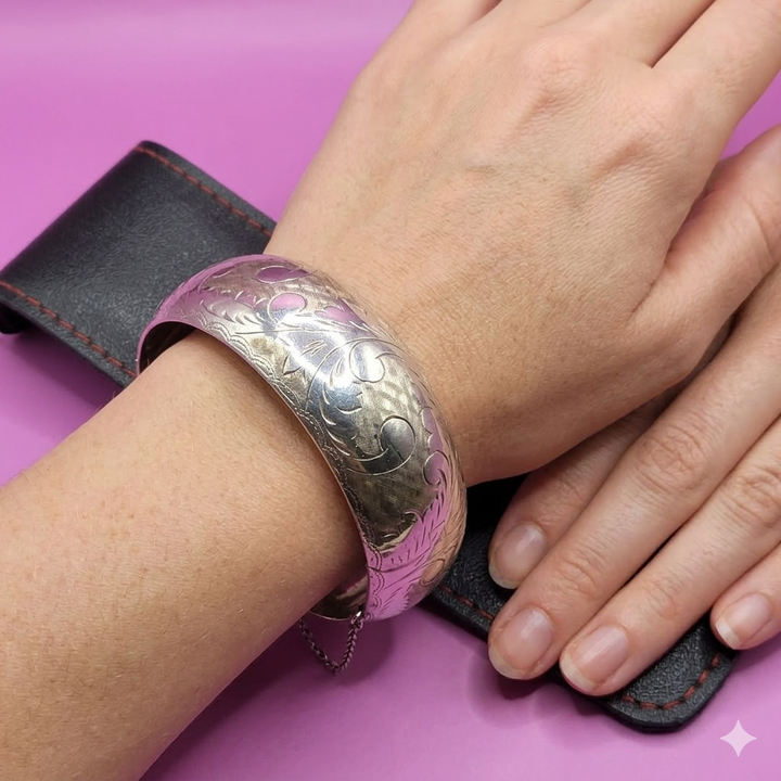 Mid-Century Sterling Silver Flora Etched Bangle Bracelet