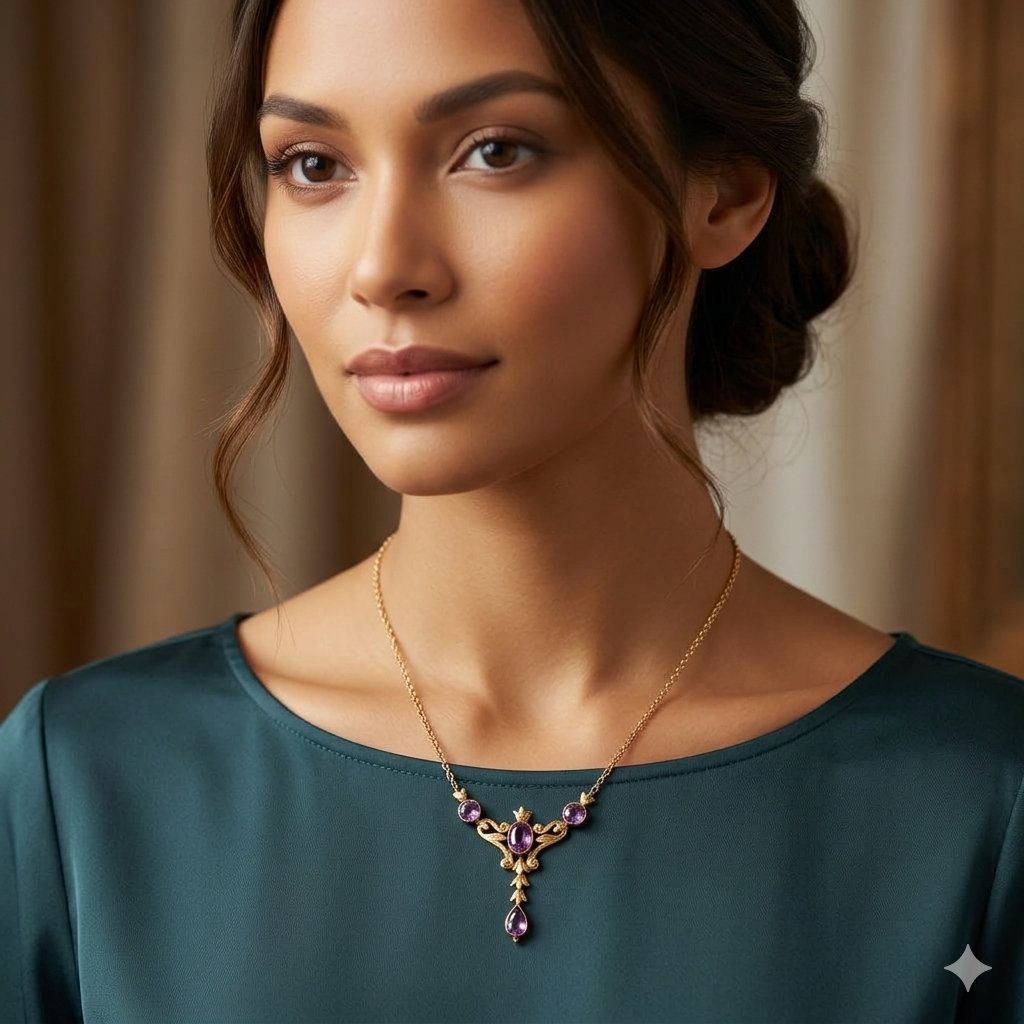 14K Gold & Amethyst Antique Art Nouveau Dangle Necklace