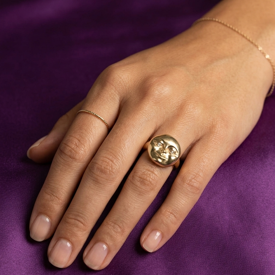 Authentic Lent 18K Gold & Diamond Smiling Moon Face Ring