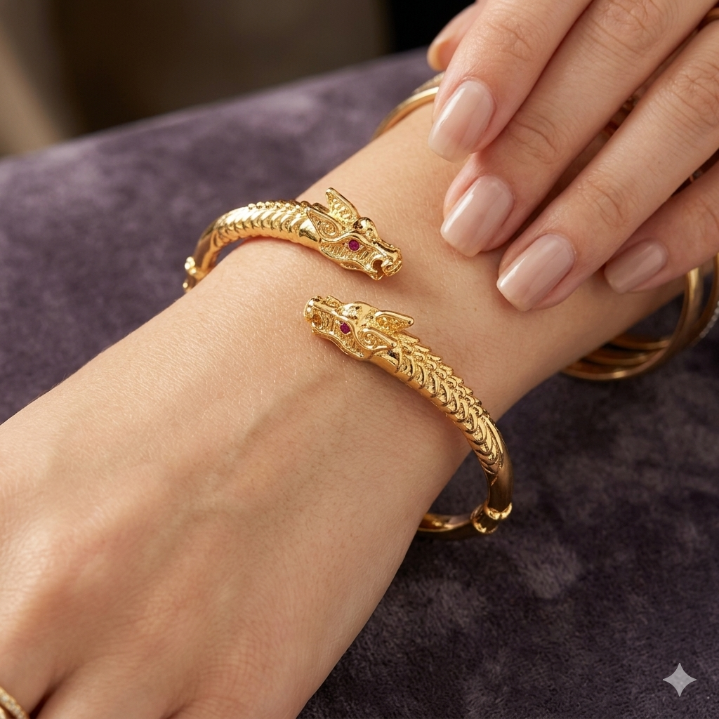 10K Gold & Garnet Double Dragon Head Bangle Bracelet