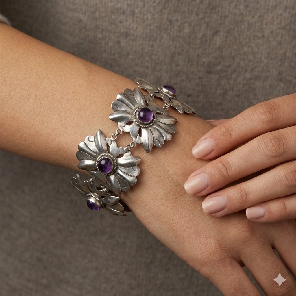 Mid-Century Modern Taxco Sterling Silver Cabochon Amethyst Statement Bracelet