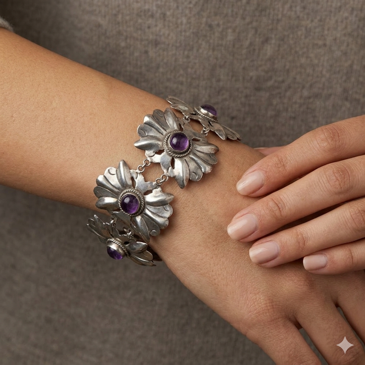 Mid-Century Modern Taxco Sterling Silver Cabochon Amethyst Statement Bracelet