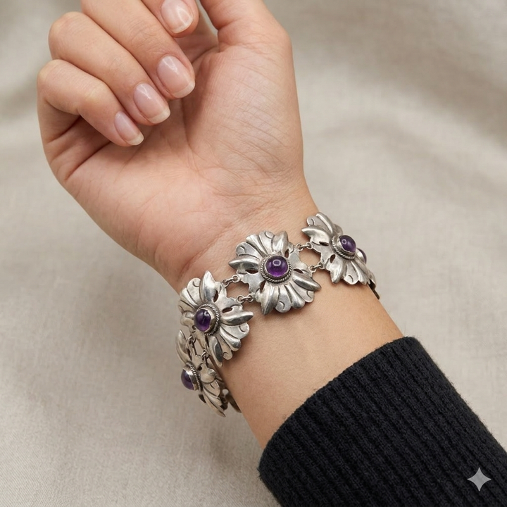 Mid-Century Modern Taxco Sterling Silver Cabochon Amethyst Statement Bracelet