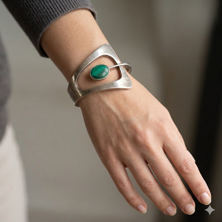 Sterling Silver & Bezel Set Turquoise Abstract Bangle Bracelet