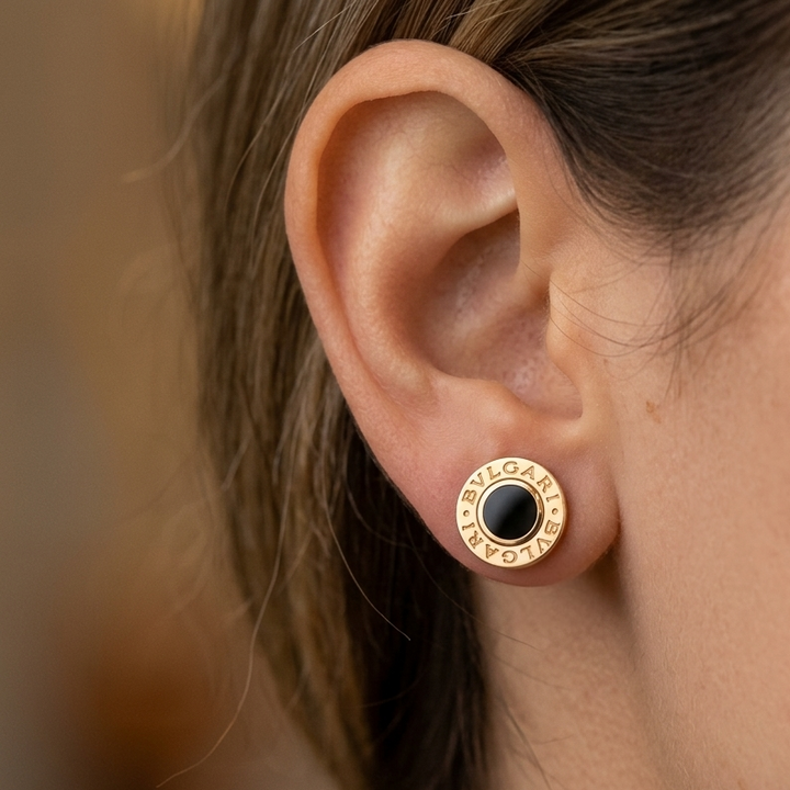 18K Rose Gold & Onyx Bvlgari Stud Earrings