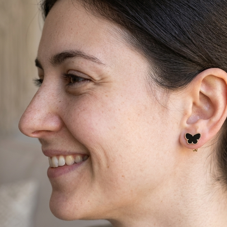 18K Gold & Black Tourmaline Butterfly Stud Earrings