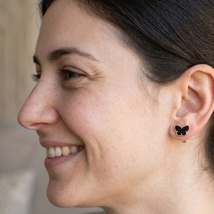 18K Gold & Black Tourmaline Butterfly Stud Earrings