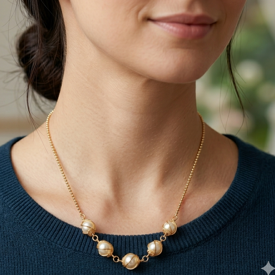 10K Gold & Caged Pearl Elegant Ball Chain Necklace