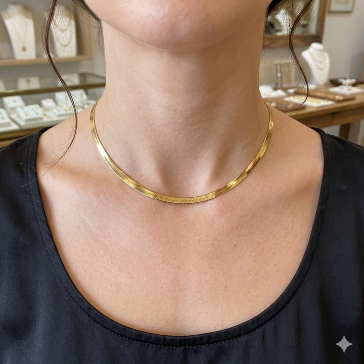18K Gold Flat Herringbone Link Choker