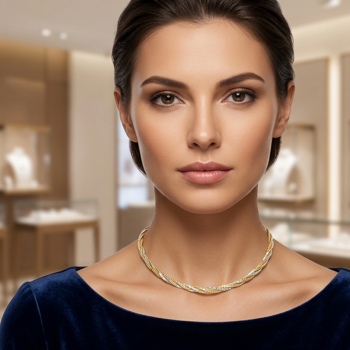 14K Gold 3 Textured Strand Braided Choker