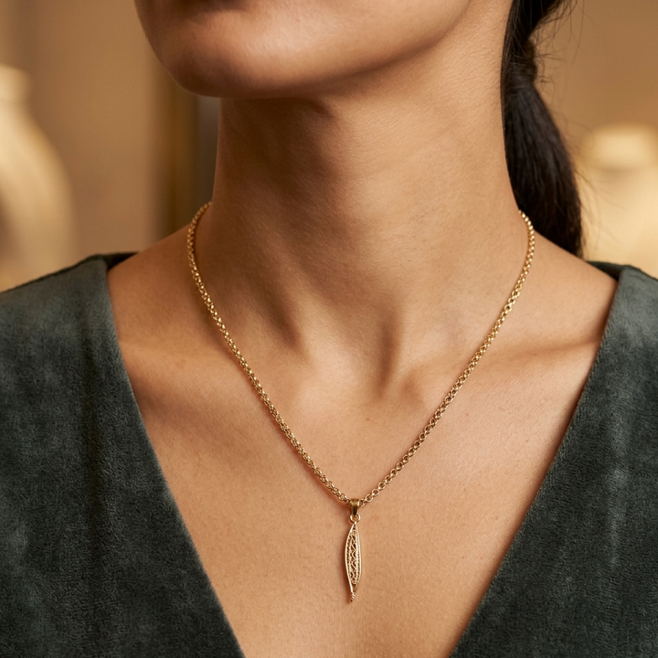 14K Gold Double Loop Necklace w Infinity Hearts Filigree Pendant