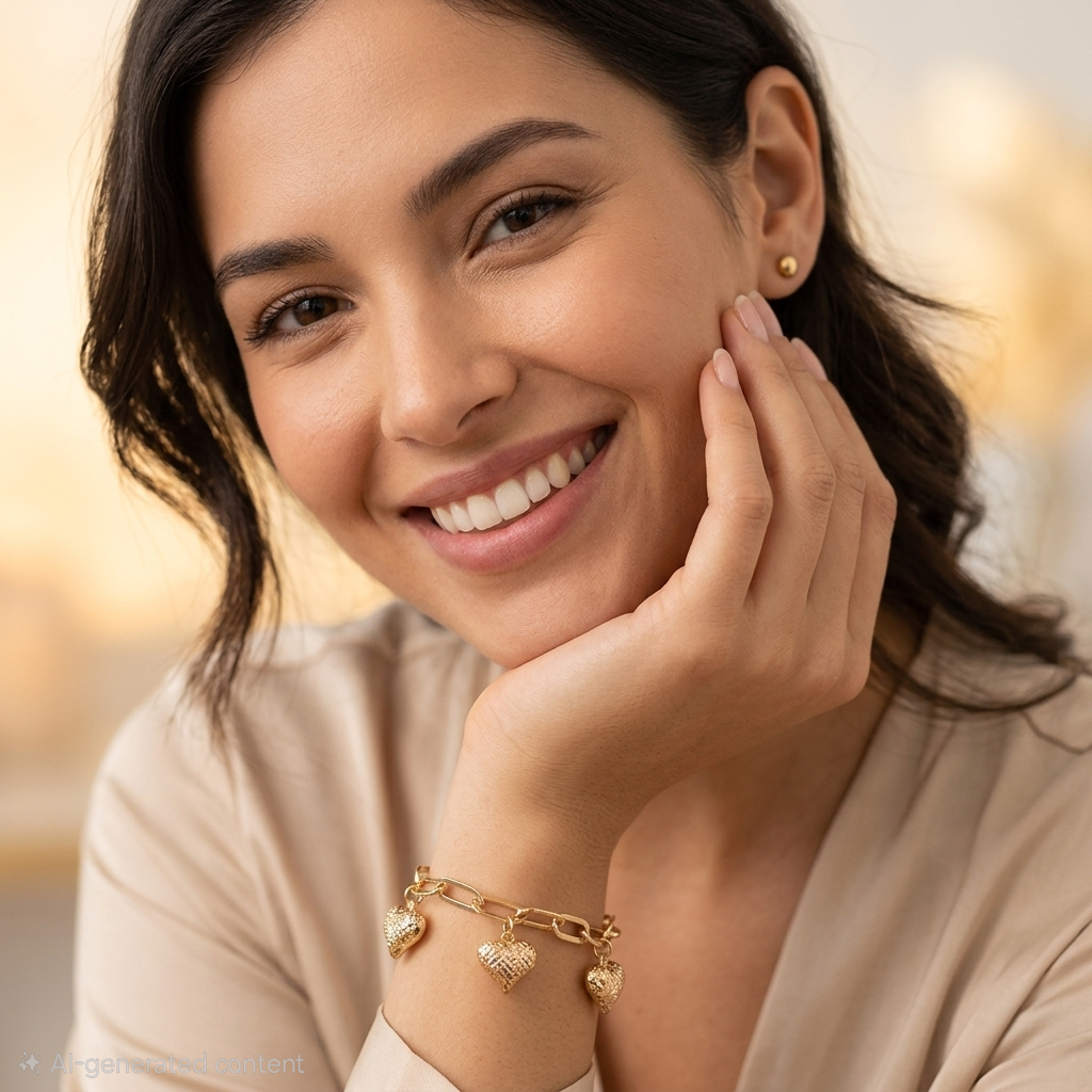 18K Gold Long Link & 3D Hearts Bracelet
