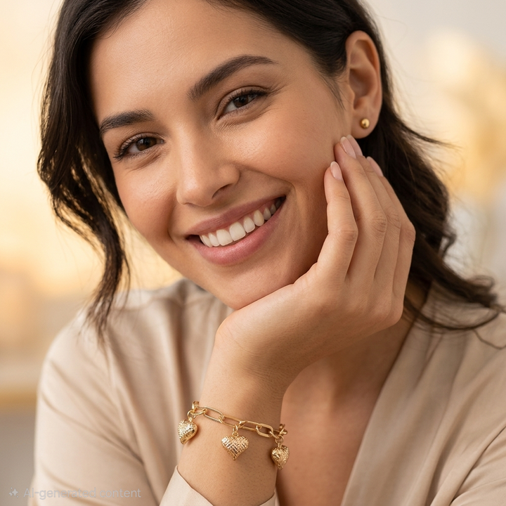 18K Gold Long Link & 3D Hearts Bracelet