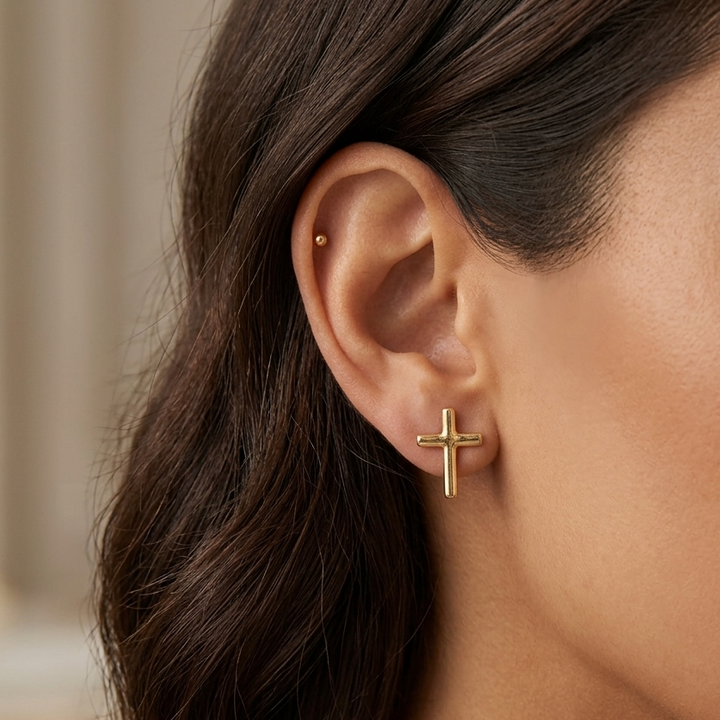 18K Gold Traditional Cross Stud Earrings