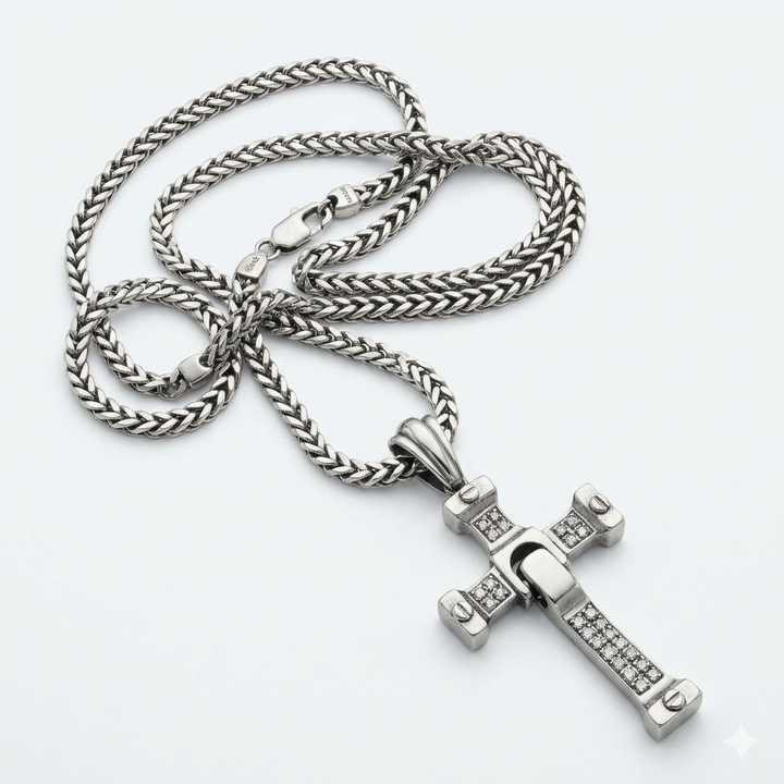 Boxed Cuban Link Sterling Silver & Articulated Cross Necklace
