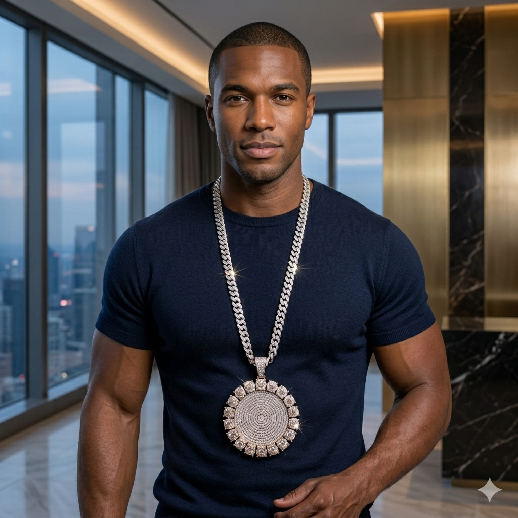 Sterling Silver Ultra Bling Over-Sized Pendant & Cuban Link Necklace