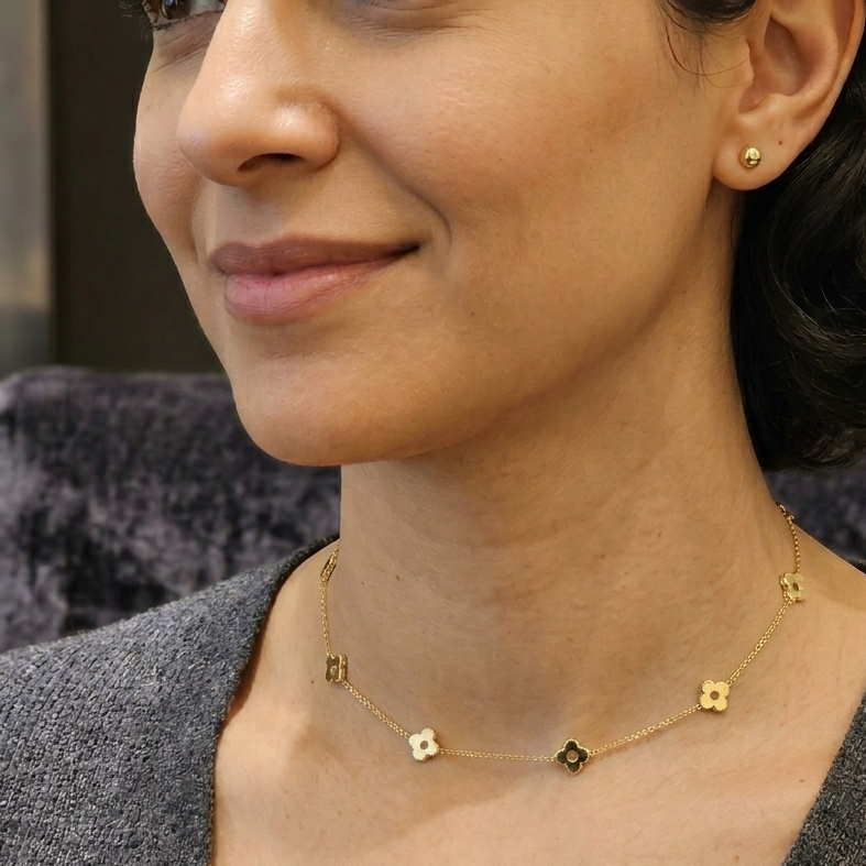 14K Gold, 8 Station Van Cleef Style Necklace