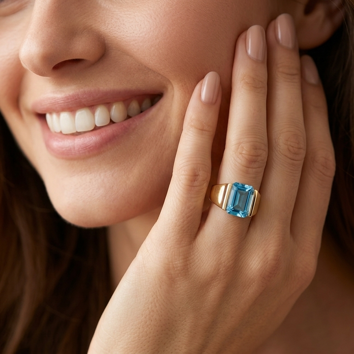 14K Gold, Emerald Cut Blue Topaz Cocktail Ring