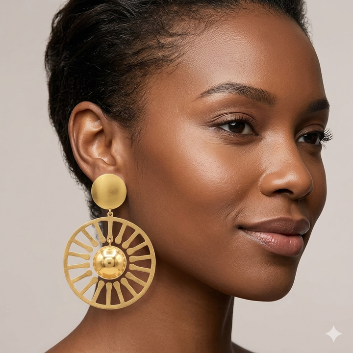 14K Gold Mid-Century Modern Geometric Sun Motif Dangle Earrings