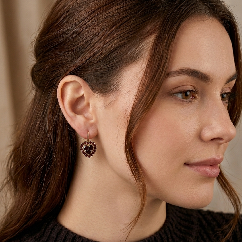 14K Gold & Garnet All American Dangle Heart Earrings