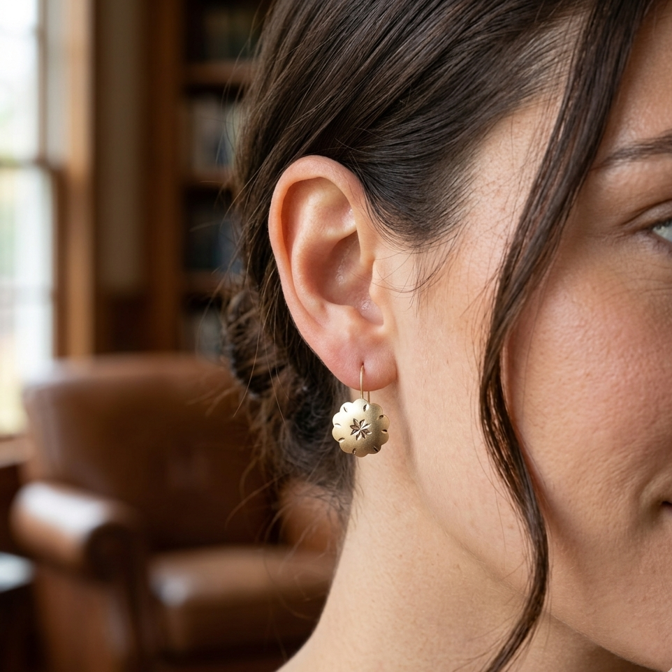 14K Gold Geometric Design Dangle Diamond Cut Earrings