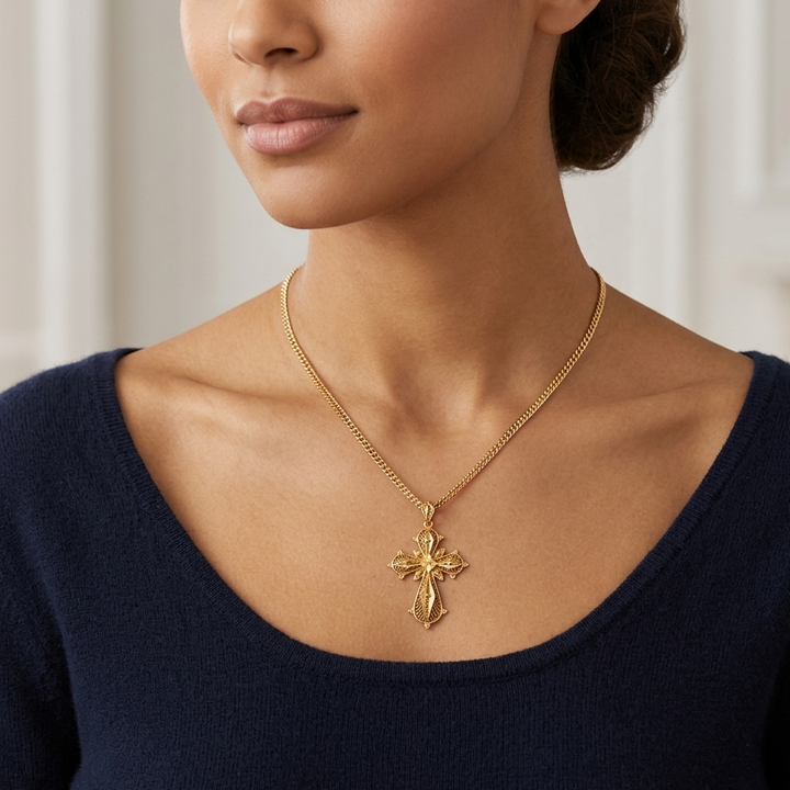 18K Gold Deeply Detailed Filigree Cross Necklace