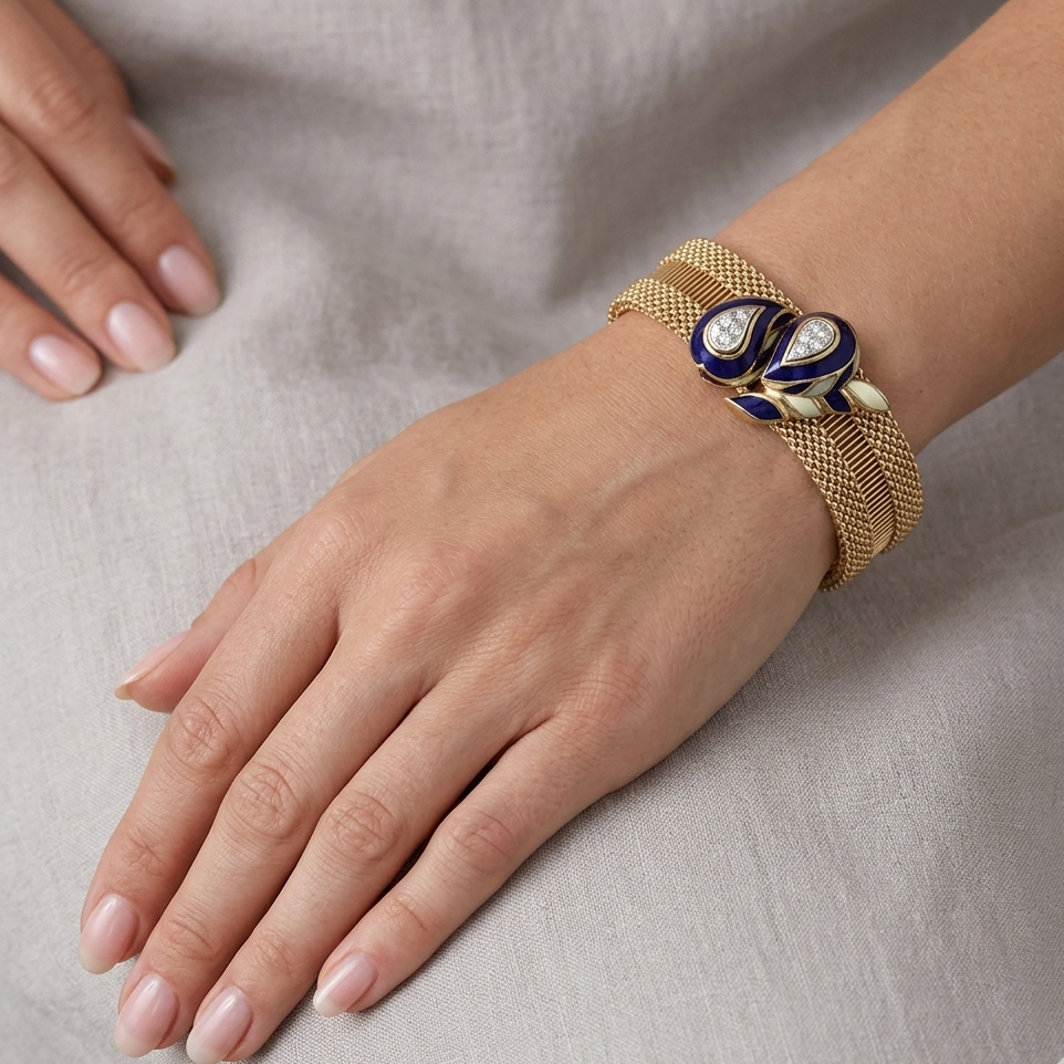 Spectacular 14K Gold, Diamond & Enameled Double Weave Bracelet