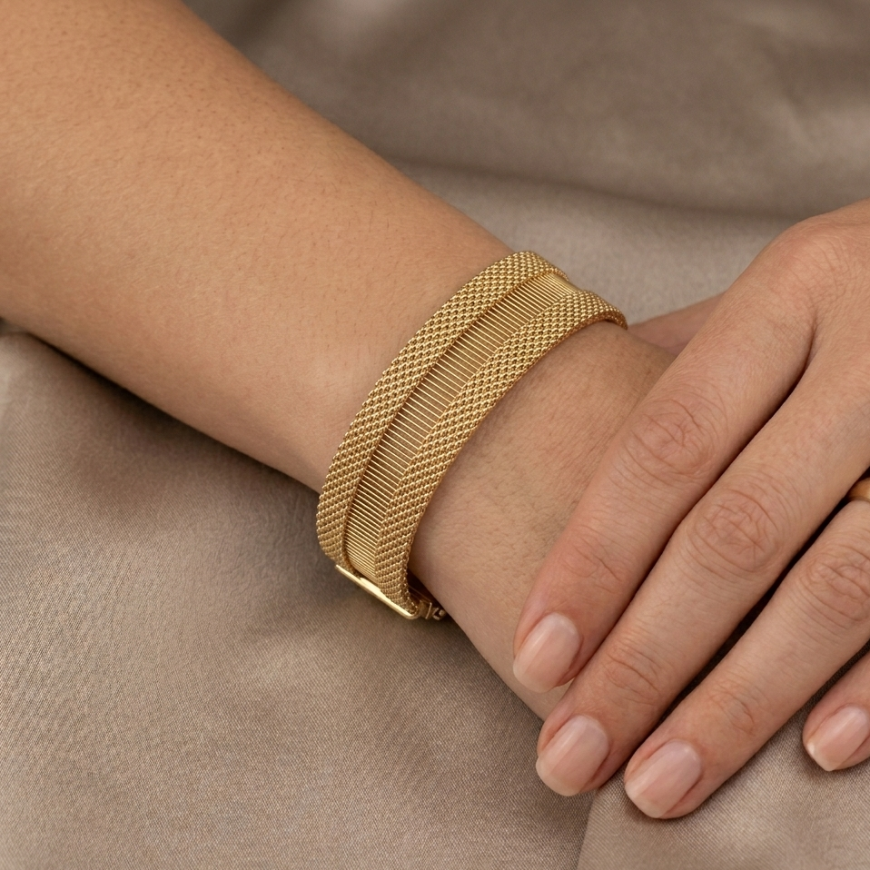 Spectacular 14K Gold, Diamond & Enameled Double Weave Bracelet