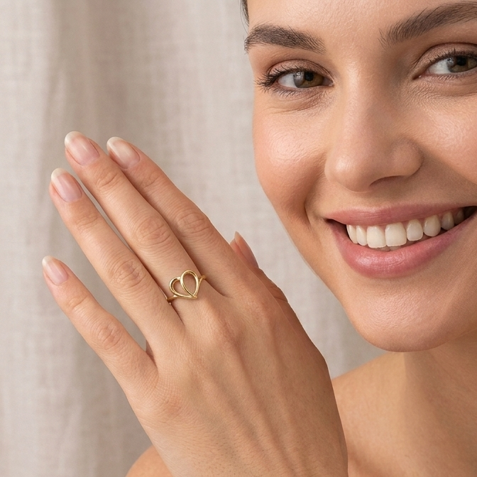 14K Gold Abstract Asymmetrical Elegant Open Heart Ring