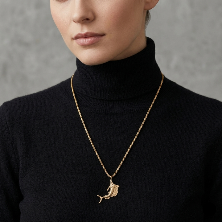 14K Gold Deep Sea Fishing Marlin Necklace